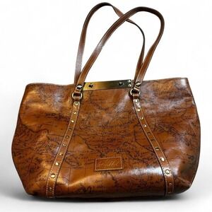 Patricia Nash Benvenuto Italy Map Brown Leather Antique Brass XL Tote Bag